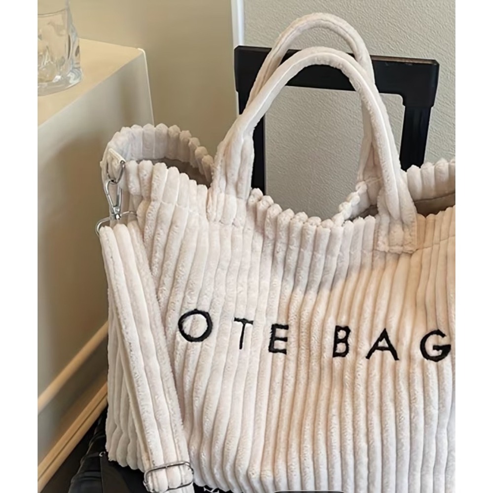 Corduroy Tote‎ Bag Large Shoulder Bag Casual Everyday Style New White